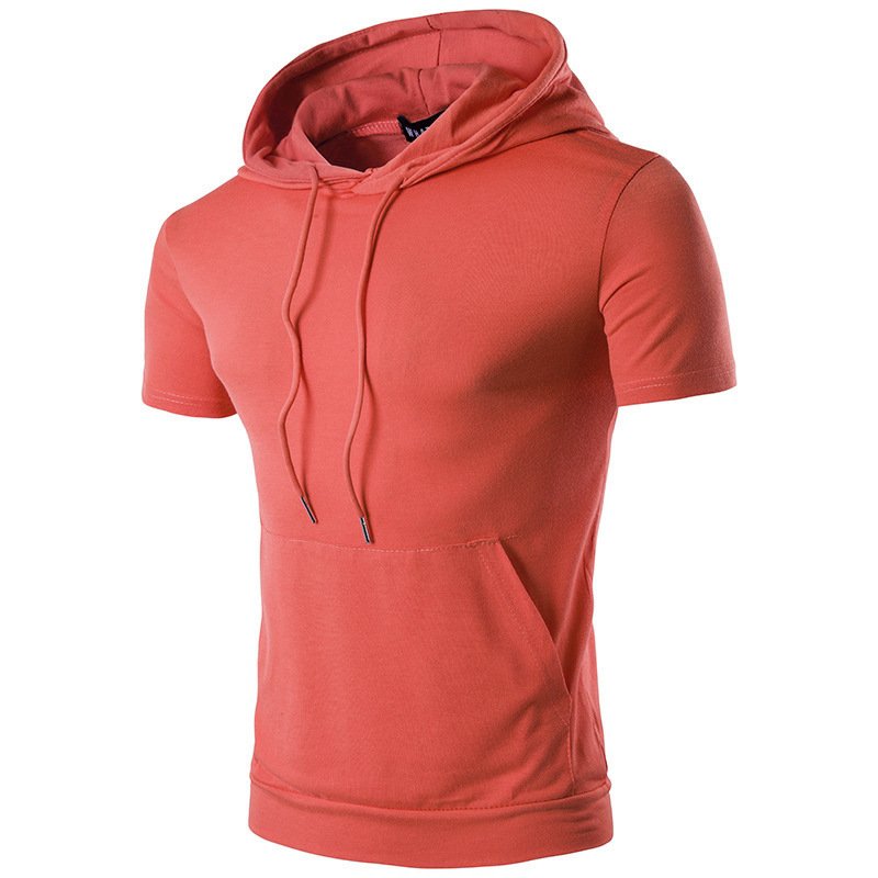 Casual trendy men's hooded T-shirt men's summer solid color cotton men's short-sleeved t-shirt plus size drawstring European and American short sleeves